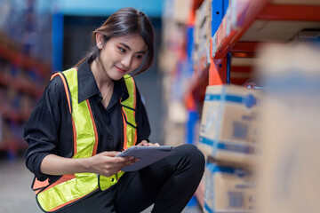 Warehouse worker working in warehouse storage. Foreman or worker work at factory site check up...