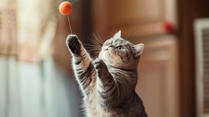 An overweight Scottish Fold cat gleefully swatting at a dangling toy, showcasing the playful charm of chubby cats in action.