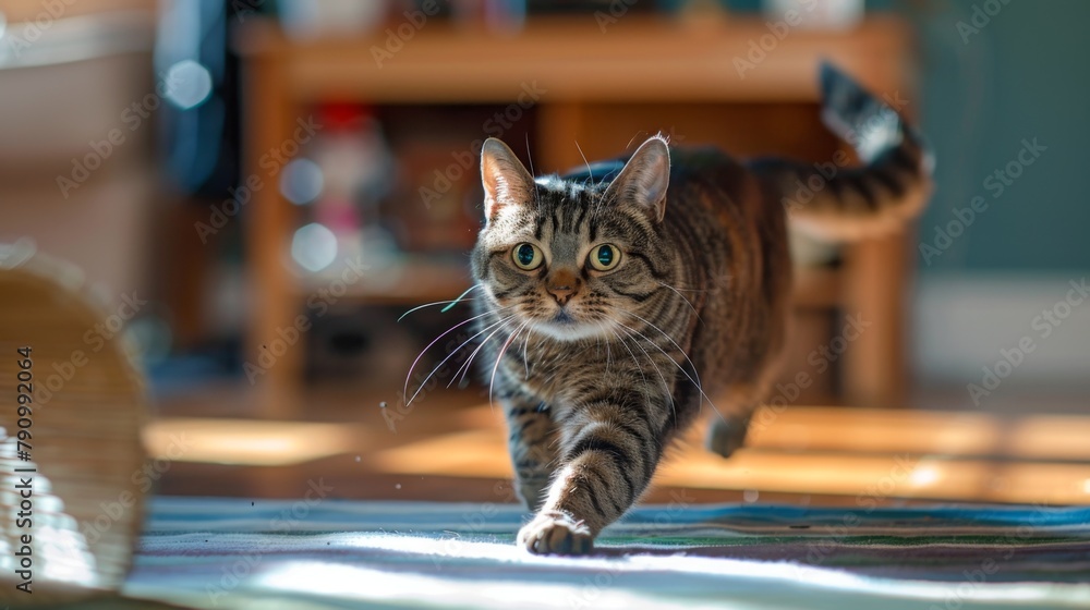 Poster an overweight tabby cat energetically sprinting through a living room obstacle course, displaying th