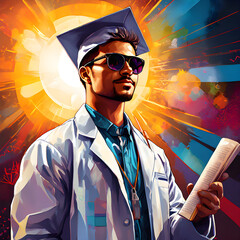 Confident science doctor graduate student with sunglasses and lab coat graduating college university with bachelors masters diploma higher education concept	