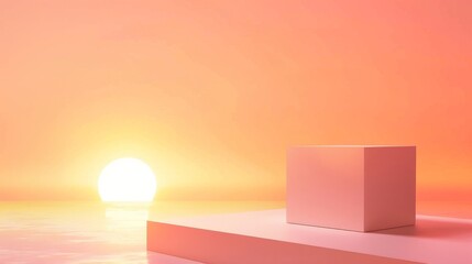 Compact cube podium on a gradient sunset backdrop, warm and inviting for home decor.