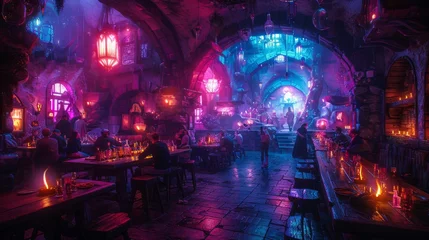 Fotobehang Enchanted medieval fantasy tavern filled with colorful lights and lively patrons © Yusif