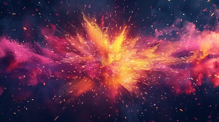 Vibrant firework explosion illustration with yellow and pink sparks against a dark sky - obrazy, fototapety, plakaty