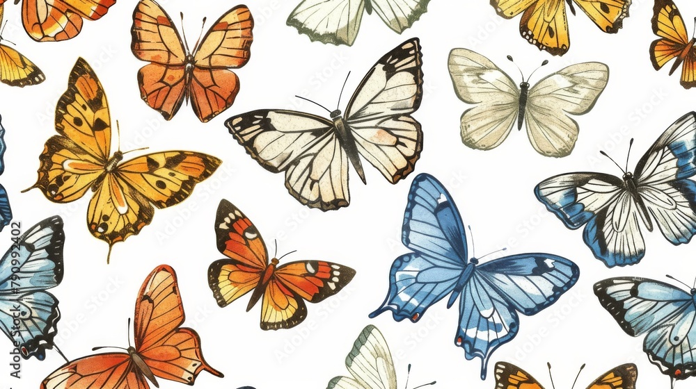 Poster Butterflies in various poses and sizes arranged in a view on a pristine white background