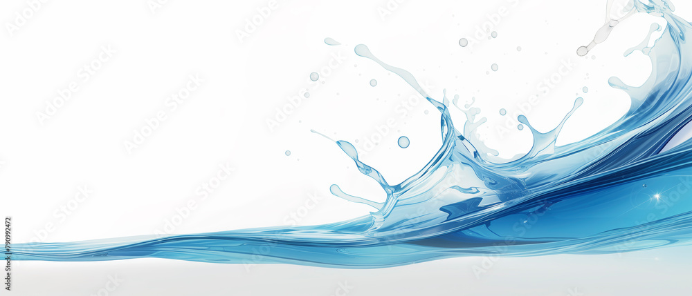 Poster A splash of water on a white background. The splash is in the middle of the image and extends from the left to the right side