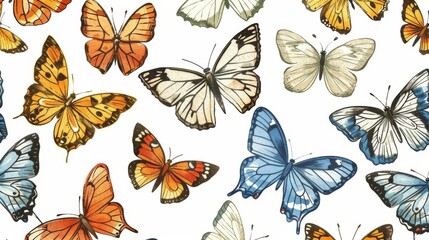 Butterflies in various poses and sizes arranged in a view on a pristine white background