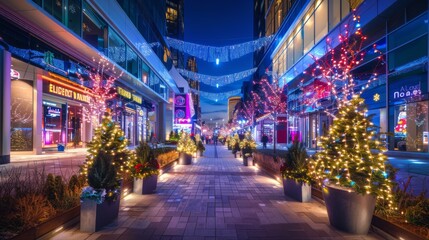An urban plaza lined with sleek modern buildings lit up with festive holiday lights, spreading cheer and joy throughout the city.