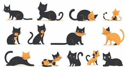 Collection of cartoon characters of cats or kittens in beautiful poses, on a white background