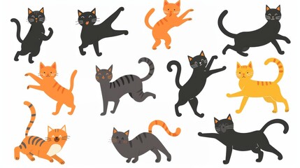 Collection of cartoon characters of cats or kittens in beautiful poses, on a white background