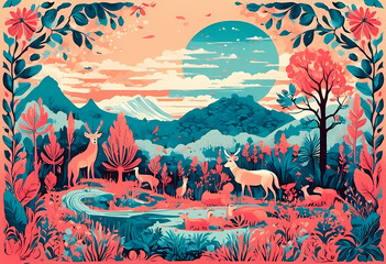 Enchanted Wilderness: Stylized Vector Art Illustration of Wildlife in a Vibrant Forest Ecosystem at Sunset