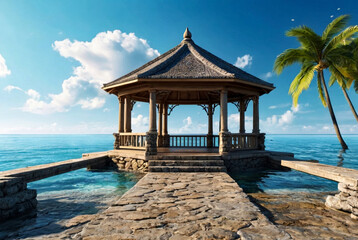 Stone pier on rocks with gazebo against blue sky and tropical sea. Landscape on shore of Gulf of...