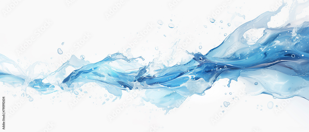 Poster A splash of water on a white background. The splash is in the middle of the image and extends from the left to the right side