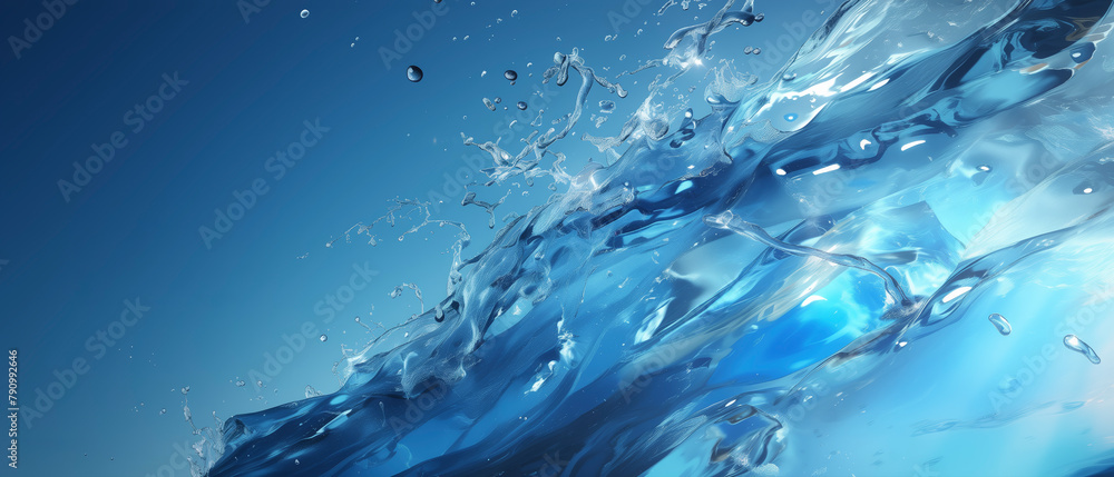 Poster A splash of water on a blue background. splash is in middle of image and extends from left to right side. image has calming and serene mood, with water appearing to be in motion and blue color