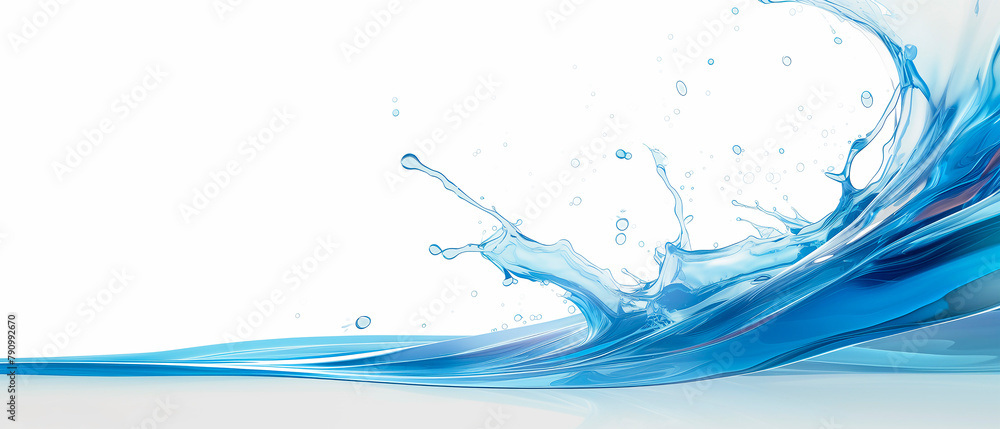 Poster A splash of water on a white background. The splash is in the middle of the image and extends from the left to the right side