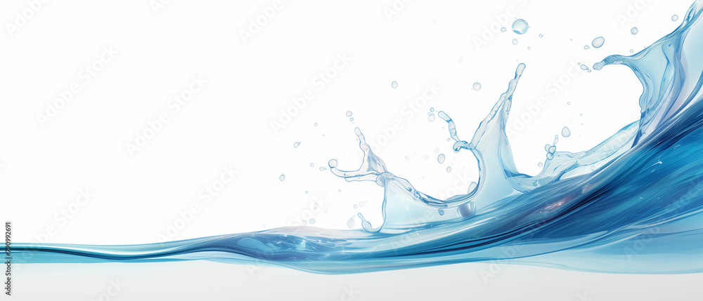 Poster A splash of water on a white background. The splash is in the middle of the image and extends from the left to the right side