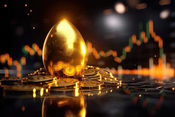 Explore the potential in strategic investment choices visually represented by a golden egg surrounded by fluctuating stock lines, symbolizing wealth and opportunity.