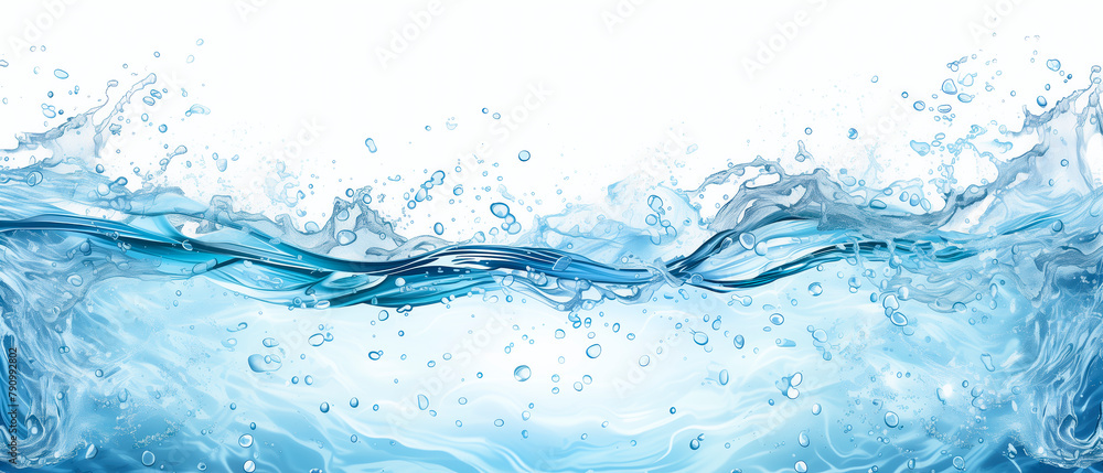 Poster A splash of water on a white background. The splash is in the middle of the image and extends from the left to the right side