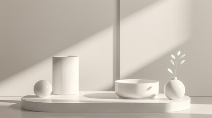 Elegant porcelain white podium with a soft shadow, refined and luxurious for high-end cosmetics.