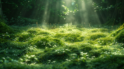 Obraz premium A lush green field with a bright sun shining down on it. The sun's rays create a warm and inviting atmosphere