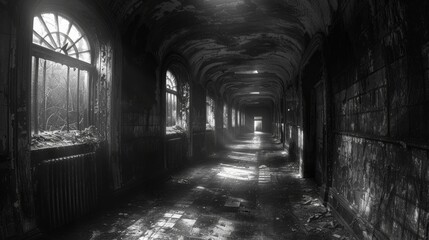 Eerie hallway in an abandoned asylum with sunlight streaming through windows