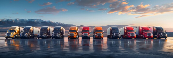 Row of trucks parked in a parking lot, each vehicle representing a different make or model