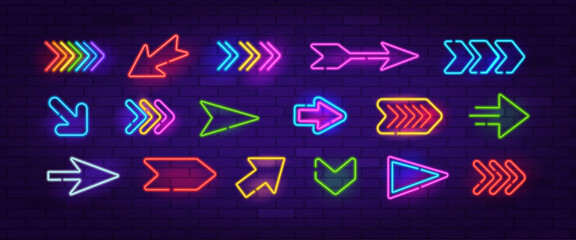 Vector Neon Arrow Sign set 7 on brick wall background. Retro neon icons set of arrow symbol, pointer icons, cursor. Colorful glowing light arrow banner, emblem for club or bar