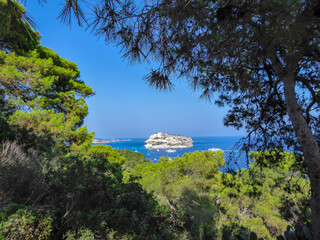 Scenic view of the Tremiti Islands (Isole Tremiti) in the Adriatic Sea near the coast of Puglia, Italy, Europe. Gargano National Park in the Mediterranean. Paradise destination in summer. Blue sky