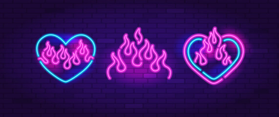 Y2k fashion Neon Heart Sign set on brick wall background. Pop Art Neon icons and symbols set of heart, flame, flamed heart. Glamour heart in glowing light banner style, emblem for club or bar