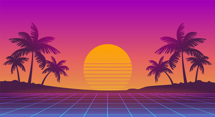 Naklejka premium Retro futuristic sunset landscape with pink grid background of palms silhouette on the neon beach - horizontal vector dsgn for Synthwave music cover and party banner dsgn