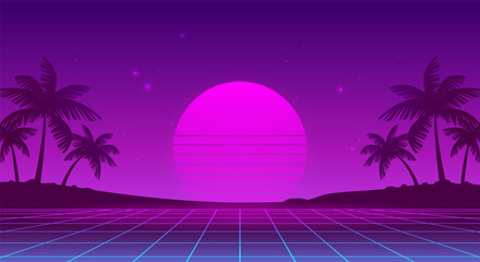 Retrowave futuristic abstract landscape with purple grid background of glowy sunset and palms silhouette on the neon beach - forizontal vector dsgn for Synthwave music and flyer party banner dsgn © VRTX