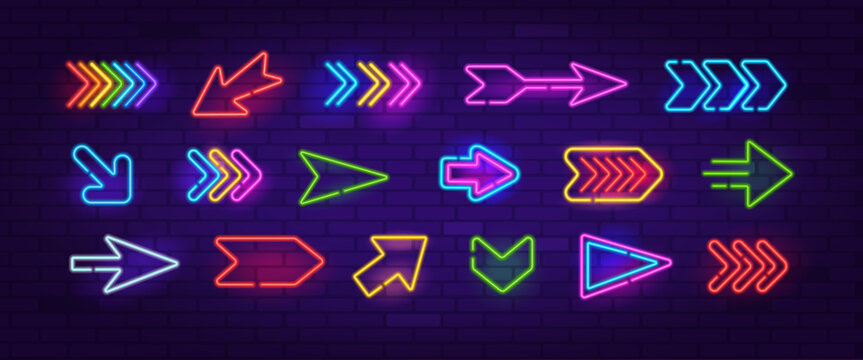 Vector Neon Arrow Sign set 7 on brick wall background. Retro neon icons set of arrow symbol, pointer icons, cursor. Colorful glowing light arrow banner, emblem for club or bar