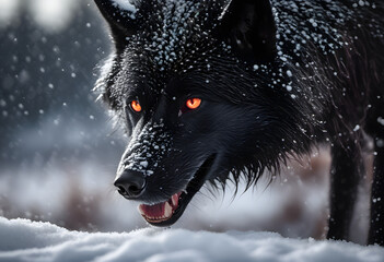 Crimson Gaze: Snow-Covered Black Wolf Hunting at Dawn