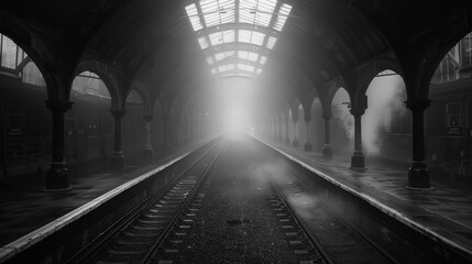 Moody black and white image of a deserted railway station with arches and fog