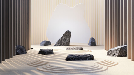 Oriental set of zen garden concept Japanese style minimal abstract background.podium and sand and bonsai tree with natural light  scene