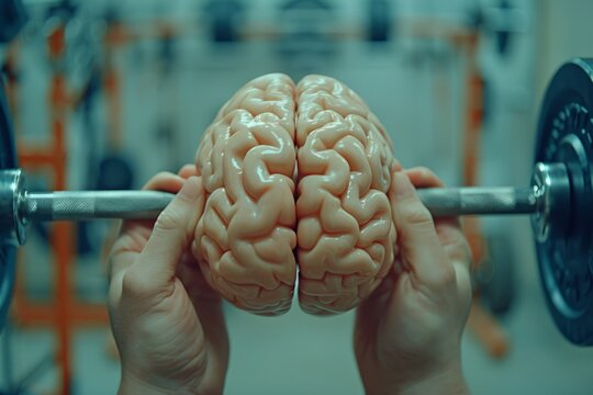 Human brain doing workout heavy work powerlifting power calculations health intelligence smart person training education depiction of creativity exercise mental state sport spirit