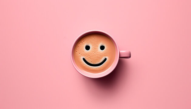 latte coffee in a cup minimalism smile pink background. Generative AI.