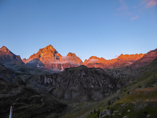 Scenic sunrise view of  mountain summit Monte Viso (Monviso) in the Cottian Alps, Piemonte, Italy,...