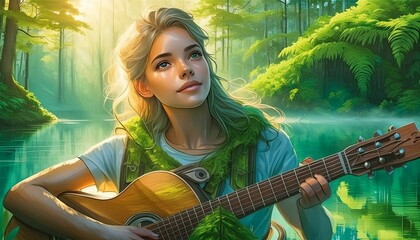 Märchenmädchen spielt Gitarre in einen Märchenwald. 