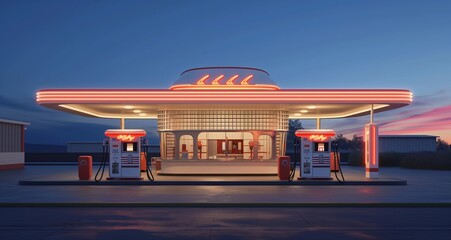 Art Deco gas station with streamlined pumps, tiled roof, and neon signage