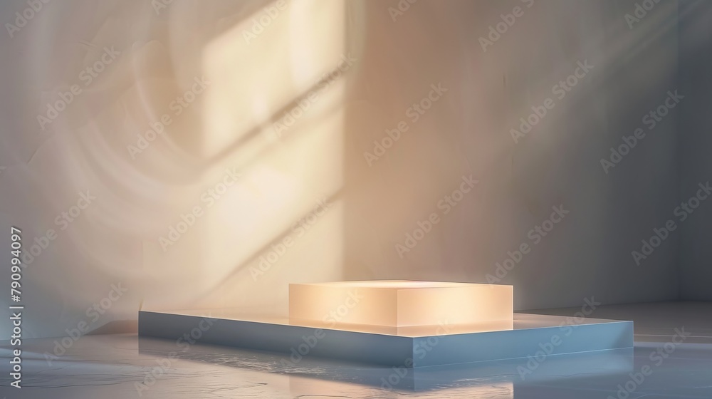 Poster lightbox-style podium emitting a soft glow, ethereal and soft for delicate items.