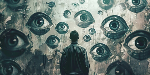 Paranoia: The Watching Eyes and Distrustful Glances - Picture a person surrounded by watching eyes and giving distrustful glances, illustrating the experience of paranoia
