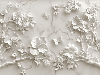 panel wall art, marble background with flower painting with a branch and leaves