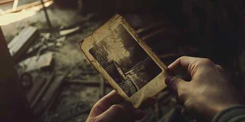 Nostalgia: The Faded Photograph and Longing Sigh - Imagine a faded photograph held by someone with a longing sigh, illustrating the bittersweet feeling of nostalgia