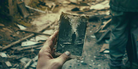 Nostalgia: The Faded Photograph and Longing Sigh - Imagine a faded photograph held by someone with a longing sigh, illustrating the bittersweet feeling of nostalgia