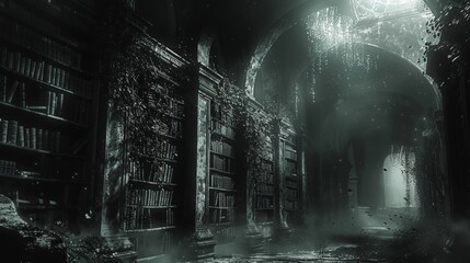 Mysterious haunted library shrouded in moonlight, with overgrown plants and dusty books - obrazy, fototapety, plakaty