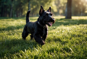 Black puppy Scottish terrier runs on green grass with stick in teeth in natural park. White funny little Scottish terrier dog playing on walk in nature, outdoors. Pet love concept. Copy space for site - obrazy, fototapety, plakaty