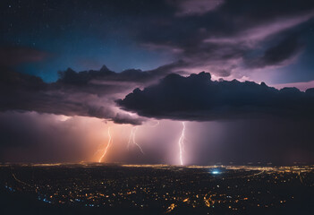 Urban Stormwatch: Lightning Strikes Illuminating City Night Sky