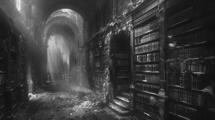 Fotobehang Mysterious haunted library shrouded in moonlight, with overgrown plants and dusty books © Yusif