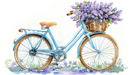 watercolor illustration of Blue bike with lilacs in basket