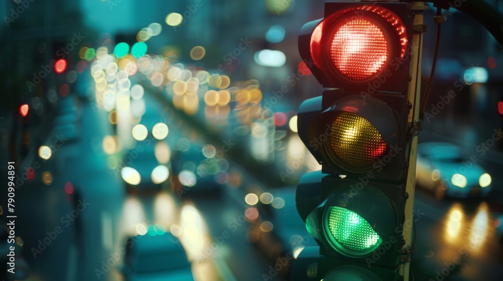Poster close-up of a traffic light changing from red to green, signaling the ebb and flow of vehicles in th